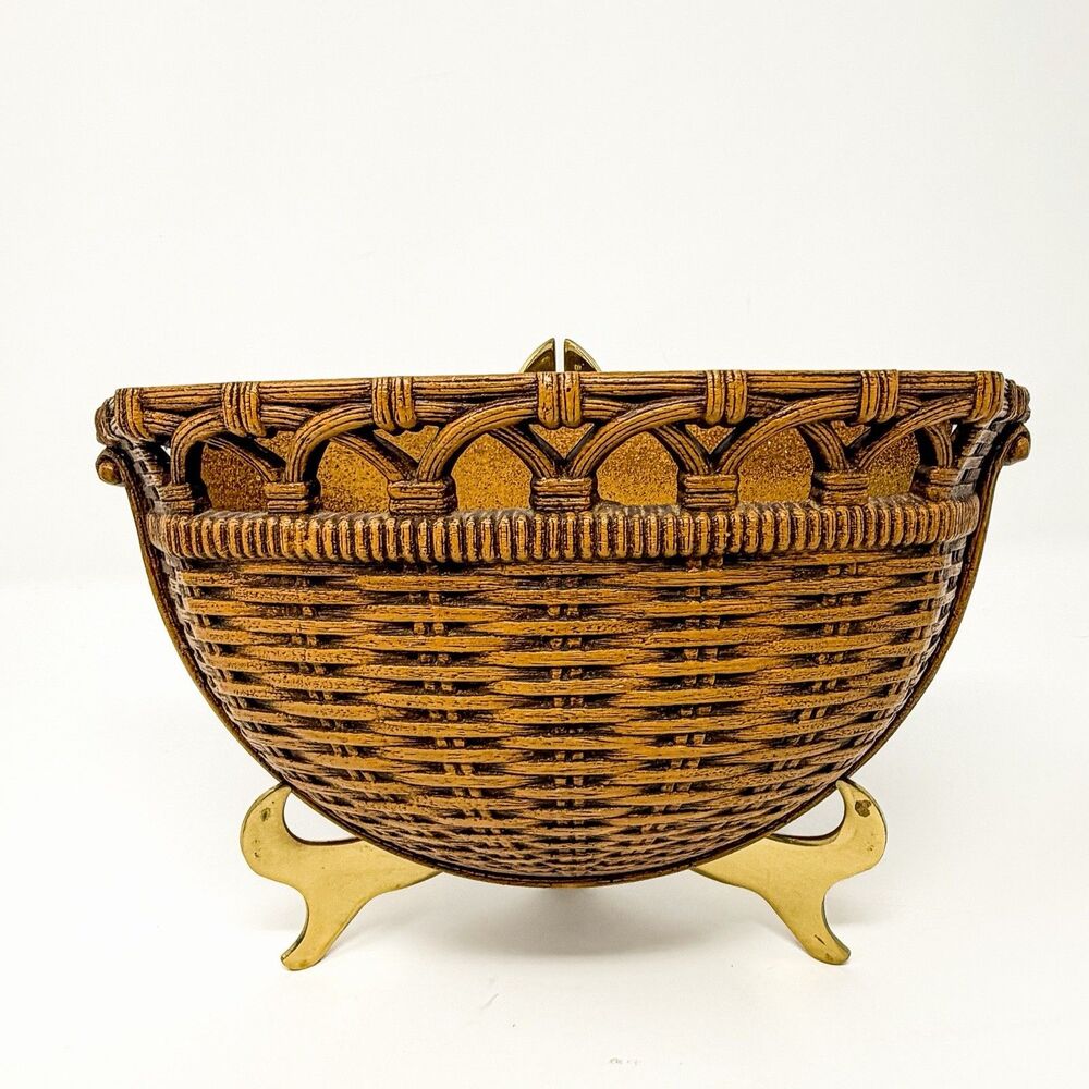 Vintage Homco Faux Wicker Wall Pocket Planter Brown Hanging Basket Decor USA
